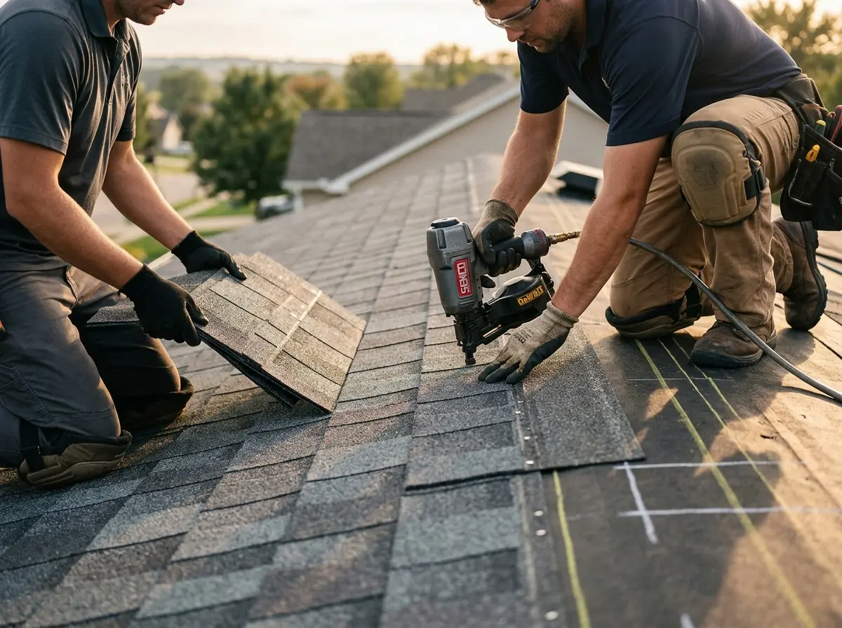 Professional roofer working on a residential roof in Wauseon